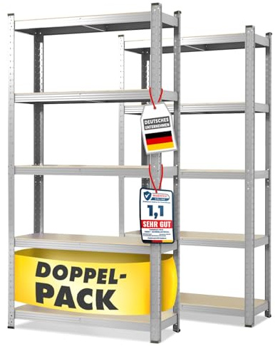 Floordirekt Schwerlastregal, 2er Set, verzinkt 200 x 120 x 60 cm Steckregal, Kellerregal, Lagerregal, Werkstattregal, Werkbank - 5 verstellbare Böden (Lakota)