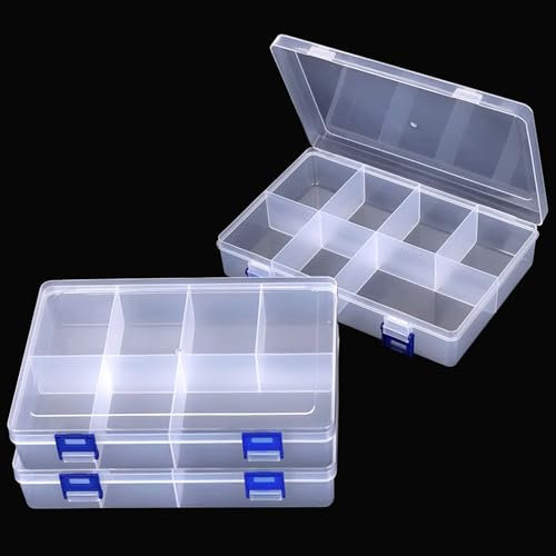 Pack of 3 Storage Boxes with 8 Compartments, Plastic Sorting Box for Small Parts, Adjustable Assortment Box, Plastic Storage Box, Jewellery, Transparent, 19.5 x 12.5 x 4.5 cm, for Beads, Earrings