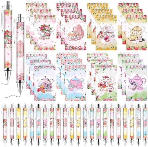 Easywiny 24 Pcs Flower Ballpoint Pens Mini Tea Party Favors Set Flower Teapot Design Notepads Tea Party Memo Spiral Notebooks for Birthday Office Supplies Wedding Bridal Shower Favors(8 styles)