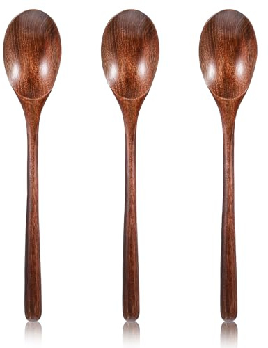 KFHENSOMR 3 Pcs Wooden Spoons for Cooking, 9 Inch Long Handle Cooking Spoon Wooden Kitchen Utensil Wood Soup Spoons for Eating Mixing Stirring Soda Jam Honey Salt Loose Leaf Tea