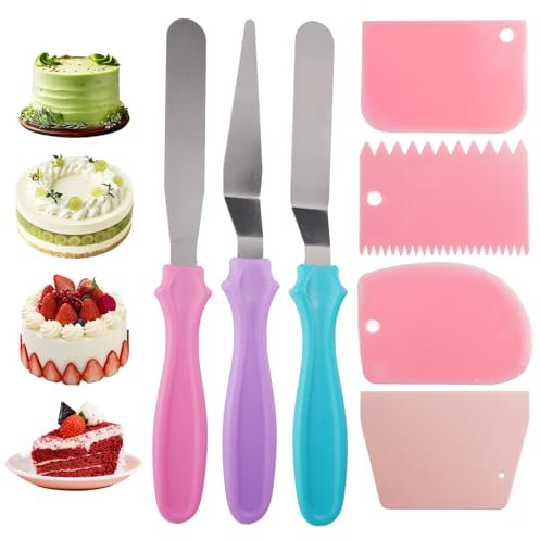 7 Stück Winkelpalette Edelstahl Set, Streichpalette für Torten, Winkelpalette Torte Set, Inklusive 3 Stück Kuchenpalette und 4 Stück Smoother, für Einstreichen Torten, Backe, Gebäck, Dekorieren