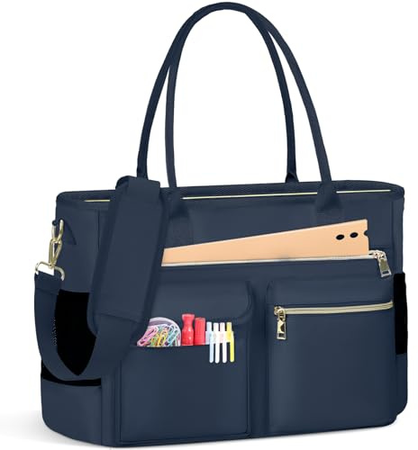 RAINSMORE Laptop Tote Bags for Women 15.6 inch Teacher Bag Large Nurse Utility Bag Computer Messenger Briefcase with Insulated Pocket for Work School Office Business University Dark Blue