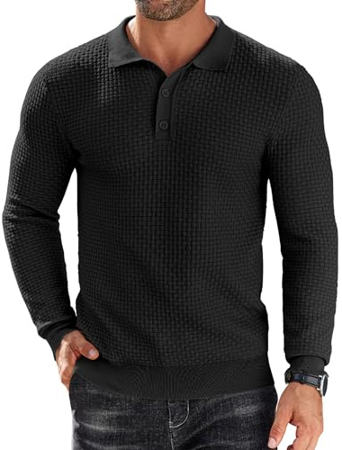 COOFANDY Mens Long Sleeve Polo Shirts Knitted Waffle Jumpers | Men's Polo Shirt, Knitted Jumpers, Regular Fit, Waffle Tops, Casual Smart