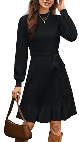 STYLEWORD Jumper Dress for Women UK Knitted Long Sleeve Dresses Ladies Ruffles Pullover Sweater Dress with Belt(Black,L)