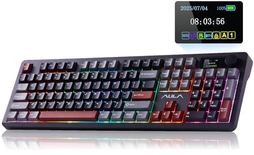AULA F106 PRO Wireless Mechanical Keyboard, 104 Keys Gaming Keyboard with Knob & Screen, Tri-Mode RGB Hot Swappable Creamy Sounding Computer Keyboards for PC/Laptop/Windows - Black Red