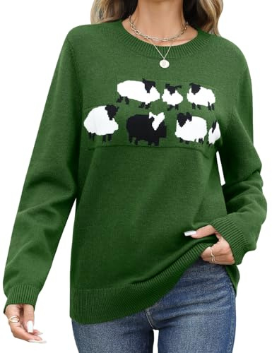 PASUDA Womens Jumpers Winter Long Sleeve Crew Neck Knitted Sweater Warm Casual Print Knitwear Pullover Tops Ladies Lightweight Soft Loose Sweatshirts (Green Alpacas, L)