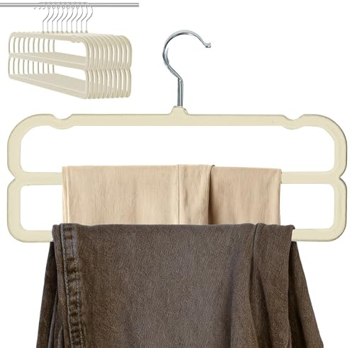 HGYZE Perchas para Pantalones Doble Capa, 10 Perchas de Terciopelo, Ahorro de Espacio, con Gancho Giratorio de 360° para Vestidos, Pantalones Cortos, Vaqueros, Slack, Beige