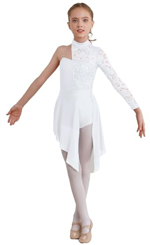 Jugaoge Girls Single Long Sleeve Lace Patchwork Lyrical Dance Dress Modern Contemporary Dancewear Jumpsuit White 13-14 Years
