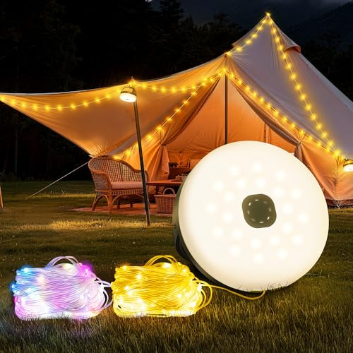 Famgoods Multicolor Camping String Lights, 32.8Ft USB Recharge | 13 Lighting Modes, IP65 Waterproof, 30s Roll up, Retractable, Hanging, Timer, Camping Lights for Camping RV Tent Party