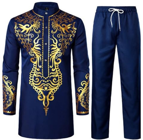 Costumes Africains pour Hommes Ensemble 2 Pièces Manche Longue Chemise et Pantalon Décontractés Tenues Dashiki Traditionnelles Vêtements Survêtement