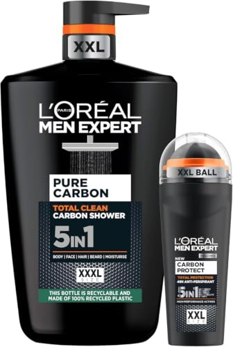 Bundle of L'Oréal Men Expert Carbon Protect Desodorante Roll-On Anti-transpirante para hombre. Formato XXL 100ml + L'Oréal Men Expert Gel de Ducha Pure Carbon, Total Clean 5 en 1. XXXL, 1000ML.