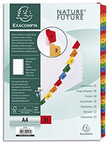 Exacompta register vit kartong 31 numrerade flikar 1-31 färgade A4