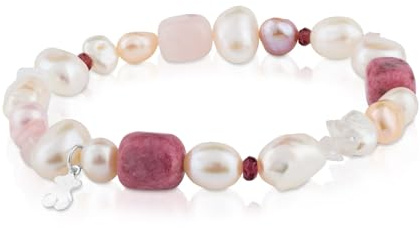 TOUS Pulsera de Perlas, Granate, Rodonita y Cuarzo para Mujer con Motivo de Oso en Plata de Primera Ley, 17,5 cm de Largo, Elegante y Clásica, Colección Pearl
