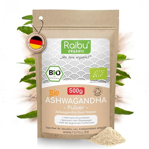 Raibu Bio Ashwagandha Pulver 500g -Withania somnifera - 100% Rein, Ashwagandha Wurzel Pulver - Indischer Ginseng in hochwertiger Bio Qualität - Ohne Zusätze, produziert in Deutschland