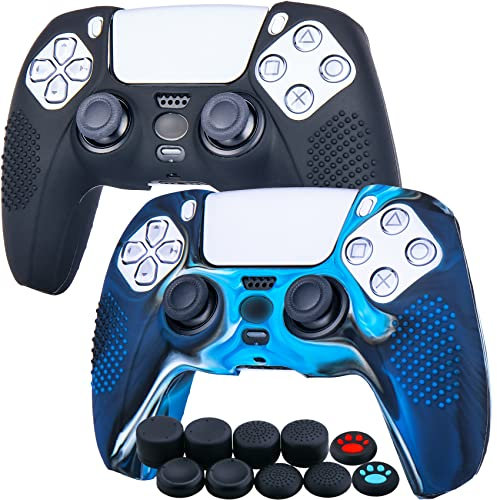 YoRHa Studded Silicone Rubber Gel Customizing Skin Cover for PS5 Dualsense Controller x 2(Camouflage Blue+Black) with Pro Thumb Grips x 10
