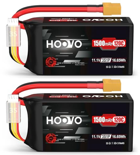 HOOVO 11.1V 120C 1500mAh 3S RC Lipo Battery Graphene Battery with XT60 Plug for FPV Racing Drone Quadcopter Helicopter Aeroplane RC Boat RC Car RC Models (2 Packs)