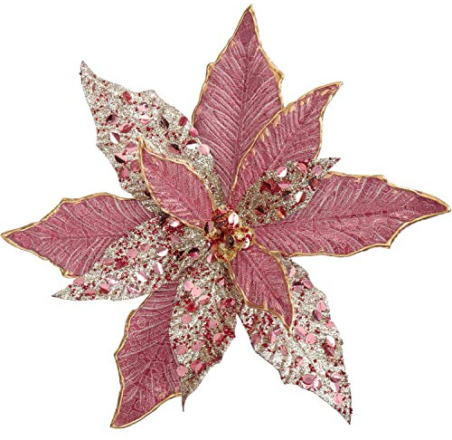 Oairse 4er-Set Ø30cm Künstliche Glitzernde Weihnachtsblumen, Weihnachtssterne für Weihnachtsbaum-DIY-Dekoration, künstliche Blumen für Feiertage, Esstisch-Mittelstück, Neujahrs-Ornamente, Rosa