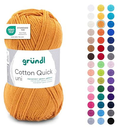 Gründl Wolle Cotton Quick uni - dünne Wolle zum Häkeln - Strickgarn - Häkelgarn - Glänzend und hautfreundlich - 100% Baumwolle - 1 Knäuel 50 g / 125 m - Nadelstärke 3-4 - Senf