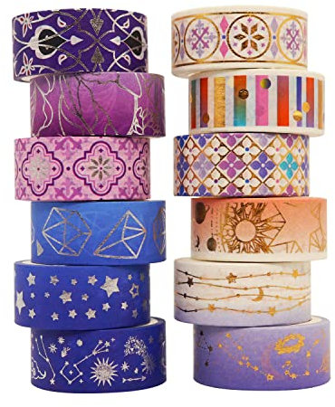 Armelaudin 12 Rollen Washi-Klebeband-Set, Sternennacht & Geometrie Goldfolie, Masking Tape Dekor für Scrapbook, Kunsthandwerk, Geschenkverpackung, Tagebuch, Planer, 3 m x 15 mm