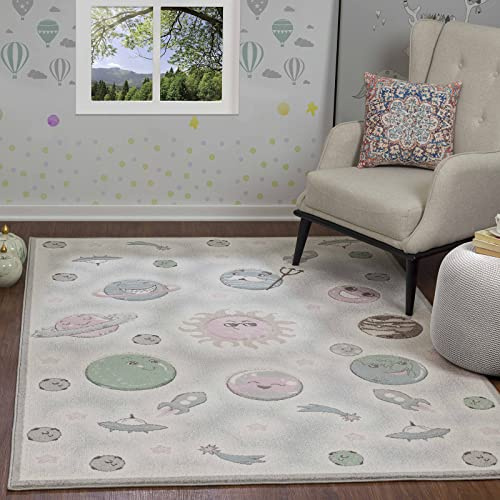 Livabliss Alfombra Infantil habitacion Galaxia - Alfombra Bebe para Dormitorio, Habitacion de Niños, Guardería o Sala de Juegos - Alfombras Niños Niñas, Color Gris, Rosa y Azul, 160x213cm