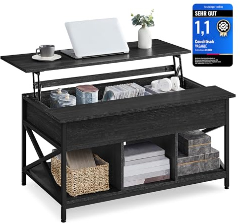 Vasagle Soffbord, soffbord med lyftskiva för vardagsrum, soffbord med öppen och dold förvaring, X-formade stänger, 60 x 100 x 48– 62 cm, kolgrå och svart LCT205B22