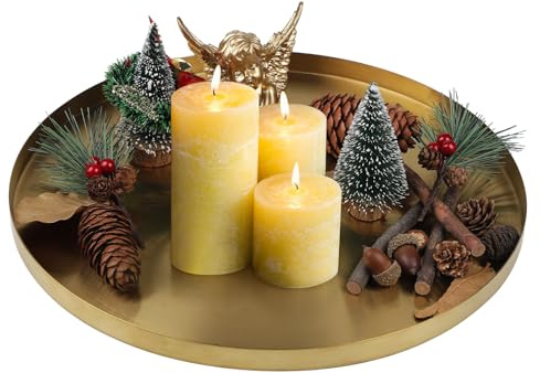 EXELCO Oro Vassoio Decorativo Acciaio Inox 32cm Rotondo Vassoio Bagno Metallo Vassoio per Candele Vassoio da Portata Cestino portaoggetti, Vassoio per Caffe Gioielli Piatti a Buffet Cosmetici Dessert