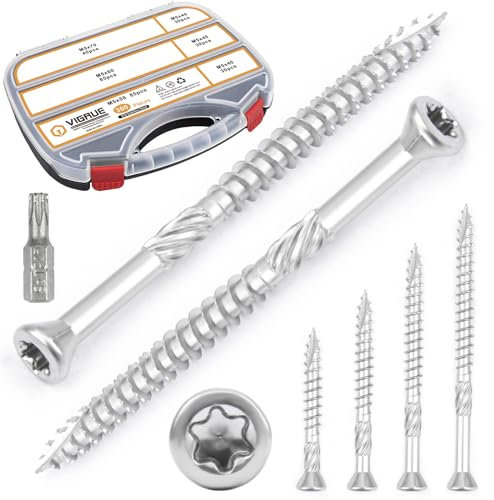 VIGRUE Juego de 300 tornillos para terrazas 5 x 60 mm, 5 x 40 mm, 5 x 50 mm, 5 x 60 mm, 5 x 70 mm, acero inoxidable endurecido, tornillos Torx 25, incluye punta de acero inoxidable