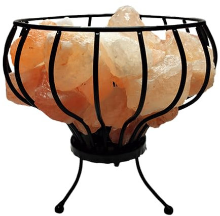 AROMASENSES | Lámpara de Sal del Himalaya Natural 100% | Hecha a Mano, con Base de Madera, Cable y Bombilla de 14W | Lámpara de Mesita de Noche Relajante, Purifica y Descontamina el Aire | CANASTA