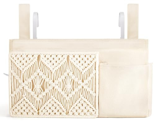 Mkono Bedside Caddy Hanging Organizer, Boho Macrame Storage with Fixed Straps and Hooks, 4 Pockets Holder Remote Magazine Accessories for Home Loft Bunk Bed, Dorm, Hospital Beds