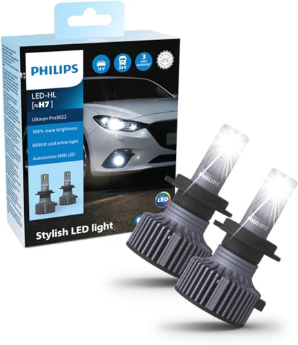 Philips Ultinon Pro3022 LED Car Headlight Bulb (H7), +100%, cool white light of 6.000K, set of 2