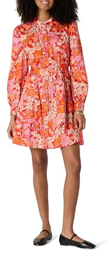 Amazon Essentials Vestido Camisero Escalonado de satén de algodón de Ajuste Regular para Mujer, Color Rojo Amapola Brillante, Rojo Amapola Brillante Folk Floral Multi, Talla XS