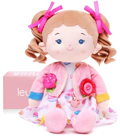 LeyaDoll Soft Bady Educational Soft Baby Doll(16''), Learning Sensory Doll for Toddlers, Montessori Toys for 2-Year-Old Girls Christmas, Birthday Gifts, Plush Doll with Button-Busy Cupcake-Girl