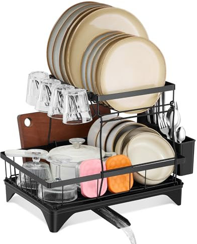 Onader Abtropfgestell Geschirr, 2-Stufiges Geschirrabtropfgestell Abtropfständer, Abtropfgitter mit Abtropfschale, Getränkehalter und Utensilienhalter für Spüle, Platzsparend - Schwarz