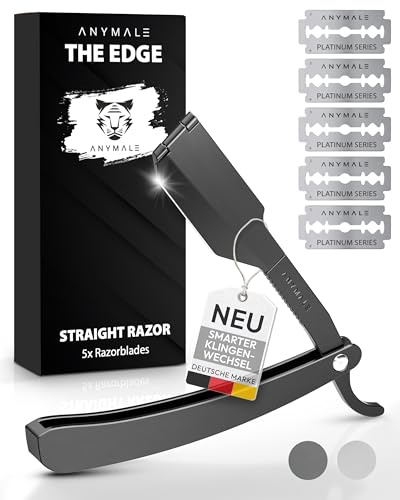 ANYMALE® Rasiermesser The Edge - Rasiermesser mit Wechselklinge - Barber Rasierer für Bart und Konturen - Straight Razor aus Metall - Schwarz