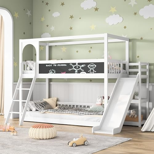 BLSYHDH Etagenbett 247 x 150 cm mit Treppe, Etagenbett für Kinder mit Rutsche Kinderbett Hochbett mit Fallschutz und Zäune (weiß, Treppen + Rutschen + Tafel schwarz)
