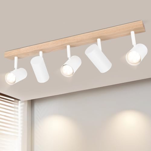 Glitzerlife Taklampa 5 Ljuskällor Takspot Trä - Takspotlights Vit GU10 Vardagsrummets lampa 350° Halllampa Decke Spotlight Hall för Sovrum Köks Vardagsrum Utan Ljuskälla
