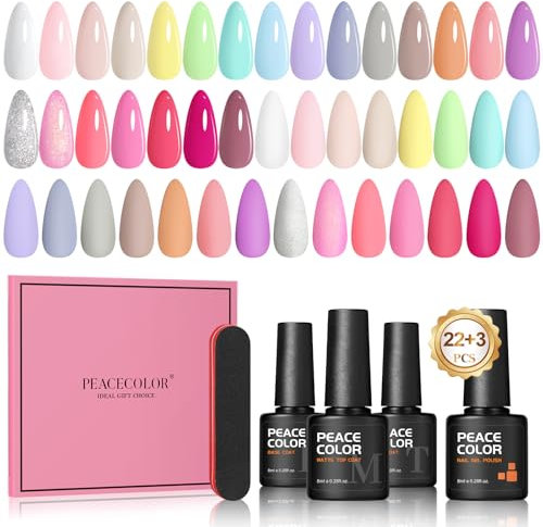 PEACECOLOR 25PCS Vernis Semi Permanent Lot, 22 Couleurs Soak Off UV/LED Vernis Semi Permanent Pastel Vert Rose Violet Bleu Macaron Pourpre avec Base Coat &Top Coat Nail Art