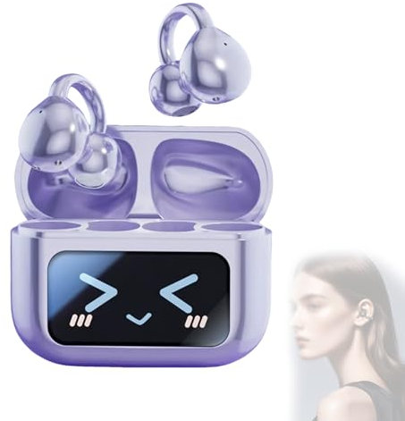 M100 Clip on Ear-hörlurar med Audio-Visual Future Touch Screen, Open Smart Ear Clip Style Bluetooth Headset Trådlösa hörlurar Sport Vattentät for musik och telefonsamtal(Purple)