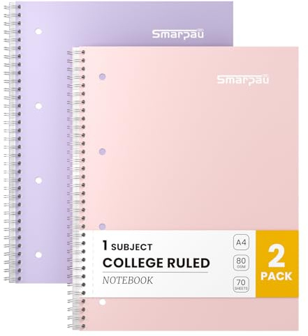 Smarpau Notebook A4, 8 mm Lined with Margin, 2 Pack Wirebound Notebook with 80GSM Paper, 140 Pages College Ruled Journal with Perforated Edges - Pink+Purple