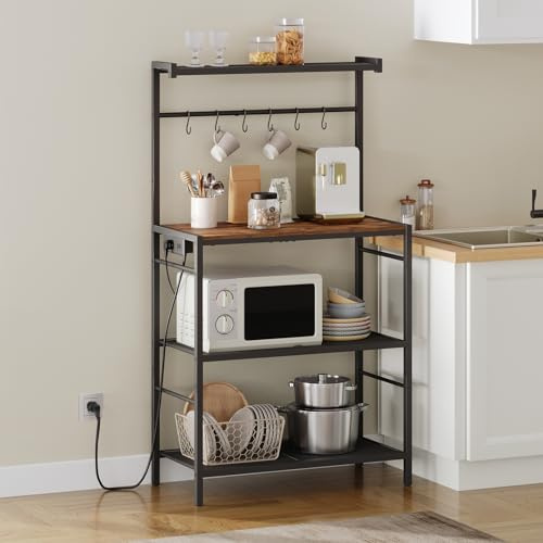 MAHANCRIS Küchenregal, Standregal, Bäckerregal mit Steckdose, 6 S-Haken und 4 Ebenen, 80 x 35 x 131,7 cm, Mikrowellenständer für Küche, Esszimmer, Wohnzimmer, Vintagebraun und Schwarz ABRHR351UE01