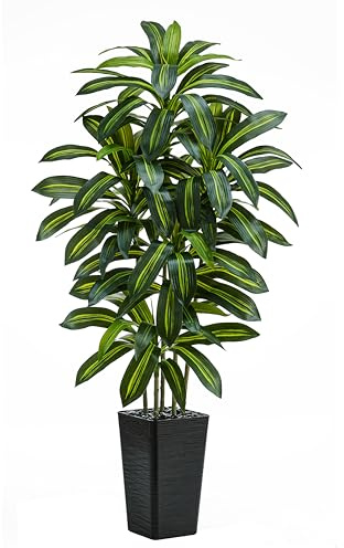 TNGGNT Artificial Dracaena Tree：5FT Faux Silk Tropical Yucca Floor Trees Realistic Fake Green Plant with Natural Wood Trunk & Lifelike Leaves for Home Office Decor Indoor & Outdoor (5FT,1-Pack,Black)