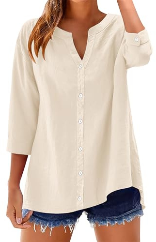 Rapbin Chemisier pour femme à manches 3/4 en coton et lin - Col en V - Boutonnière - Uni - Tunique - Décontractée - Manches enroulables, XL