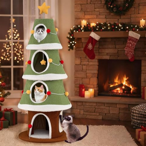 GYMAX 154 cm Árbol de Navidad para Gatos, Torre Multinivel para Gatitos con 4 Condominios, Alfombra Rascadora de Sisal, Juguete Colgante y de Resorte, Mueble de Escalada para Gatos (Estilo 5)