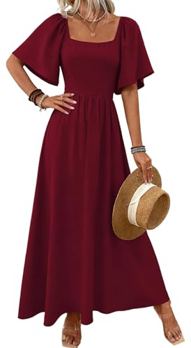 Robe Longue Femme Élégante Col Carré Vintage Maxi Ligne A Taille Haute | Robes Manches Longues/Manches Courtes Robe Maxi Volantes Fluide Style Bohème Robe de Plage Mariage Décontractée