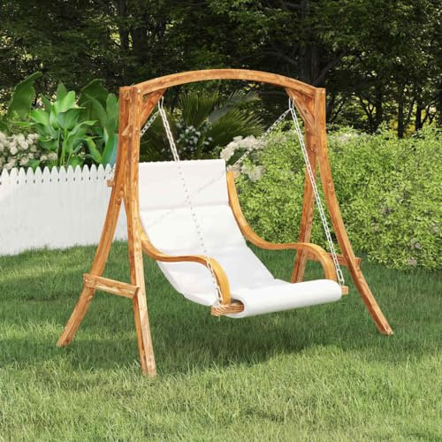 RMIHSJG Lettino sospeso senza struttura a dondolo con cuscino in legno massello curvato per terrazza e giardino, ergonomico, con finitura in teak e cuscino confortevole imbottito spesso