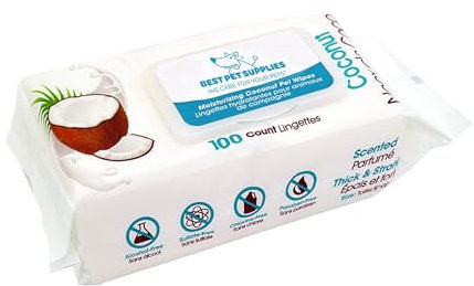 Pet Grooming Wipes for Dogs & Cats (pack of 100) by Best Pet Supplies - Plant-Based Deodorizer for Coats & Dry, Itchy, or Sensitive Skin, Moisturizing Coconut, size 8'' x 9''