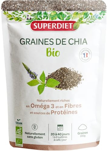 SUPERDIET - GRAINES DE CHIA BIO - Source de Protéines & Riches en Fibres et en Omega 3 - Sachet de 200g
