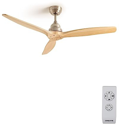 CREATE / WINDWOOD/Ventilador techo níquel aspas madera natural con mando / 75W, Silencioso, Ø132 cm, 3 velocidades, temporizador, 2 alturas