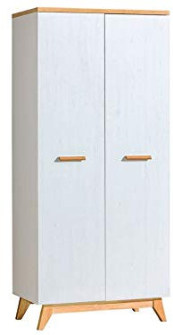 Furniture24 Kleiderschrank Sven Sv1 Schrank 2 Türiger Drehtürenschrank Kiefer Weiß Skandinavisch Möbel Wohnzimmerschrank mit Kleiderstange und Einlegeboden