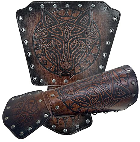 Thajaling Bracciali in pelle con testa di lupo vichingo, bracciali per tiro con l'arco medievali, protezioni per braccio LARP da cavaliere nordico per costume cosplay di Halloween (Marrone)